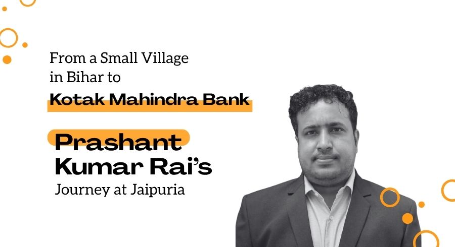Banner about Prashant Kumar Rai’s journey from a Bihar village to Kotak Mahindra Bank, with a man in a suit on the right.