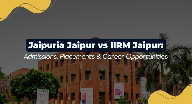 Comparison banner for Jaipuria Jaipur vs IIRM Jaipur, with the subtitle 'Admissions, Placements & Career Opportunities' over a brick campus background with yellow decorative shapes.