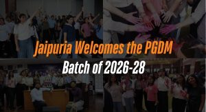 Collage banner announcing Jaipuria welcomes the PGDM Batch of 2026-28; groups of students celebrate and pose.