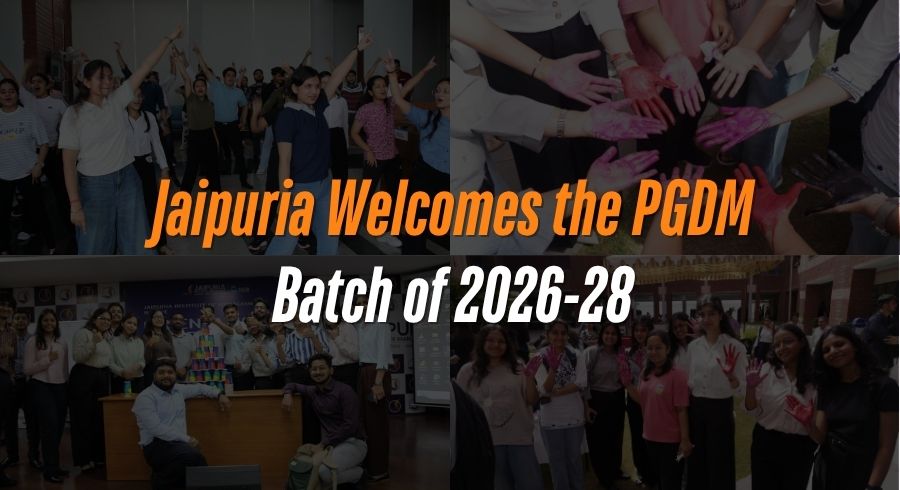 Collage banner announcing Jaipuria welcomes the PGDM Batch of 2026-28; groups of students celebrate and pose.