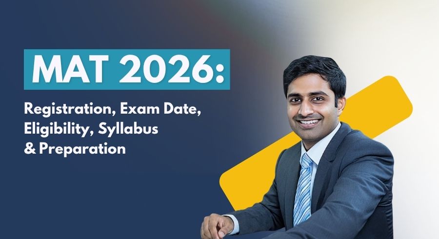 Informational banner for MAT 2026 with a smiling man in a suit and text about registration, exam date, eligibility, syllabus and preparation.