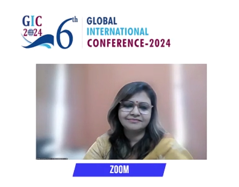 Logo for the 6th Global International Conference 2024 (GIC 2024) above a woman speaking on Zoom in a video frame with a Zoom badge below.