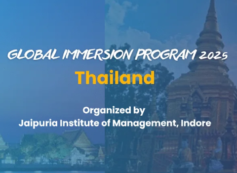 Banner for Global Immersion Program 2025: Thailand, organized by Jaipuria Institute of Management, Indore (temple backdrop in blue overlay)