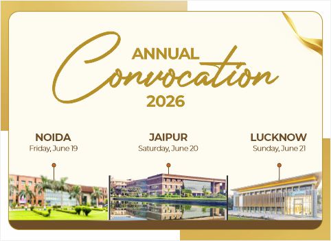 Annual Convocation 2026 invitation showing three venues—Noida (June 19), Jaipur (June 20), Lucknow (June 21) with campus photos.