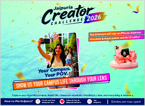 Promo banner for Jaipuria Creator Challenge 2026 with a student collage, confetti, and a pink gift box promoting campus life stories.