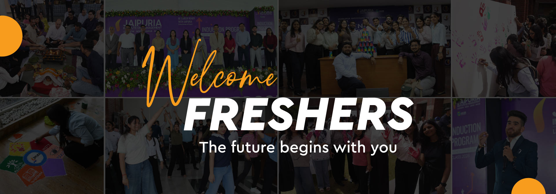 Welcome Freshers banner: collage of group photos with the text 'Welcome' and 'FRESHERS' overlayed.