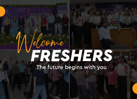 Collage of students at a campus welcome event with a bold overlay reading 'Welcome FRESHERS' and the subtitle 'The future begins with you'.
