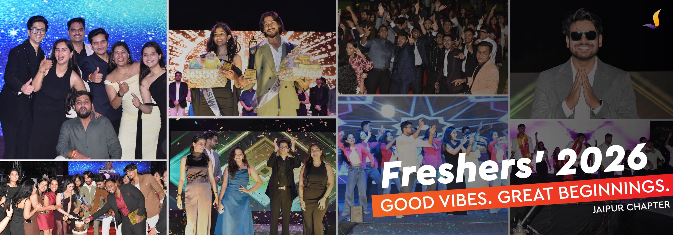 Collage from Freshers' 2026 Jaipur Chapter showing students on stage, awards, dancing, and cheering with the slogan 'Good Vibes. Great Beginnings.'