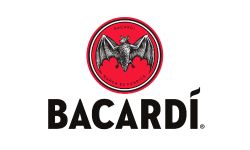 Bacardi logo with a red circular emblem featuring a bat above the bold BACARDI wordmark.