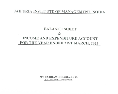 Cover page stating Jaipuria Institute of Management, Noida balance sheet and income & expenditure for year ended 31 March 2023.