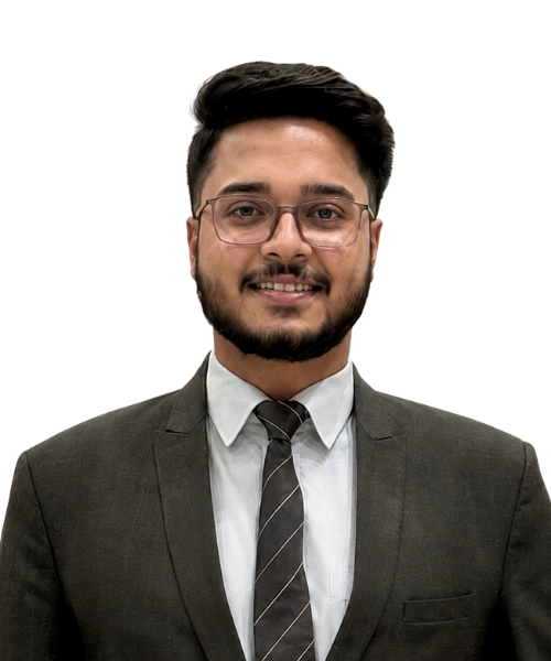 Portrait of a man in a dark suit, white shirt, striped tie, and glasses, smiling at the camera against a black background.