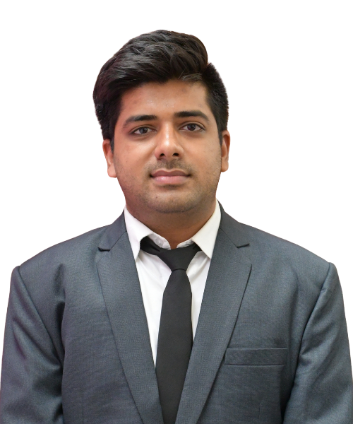 Professional head-and-shoulders portrait of a young man in a gray suit and black tie, looking at the camera.