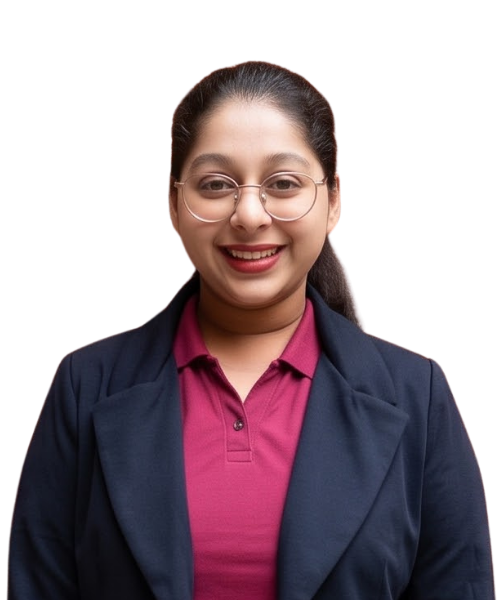 Professional woman smiling in a navy blazer and pink polo shirt, wearing round glasses, for a corporate headshot