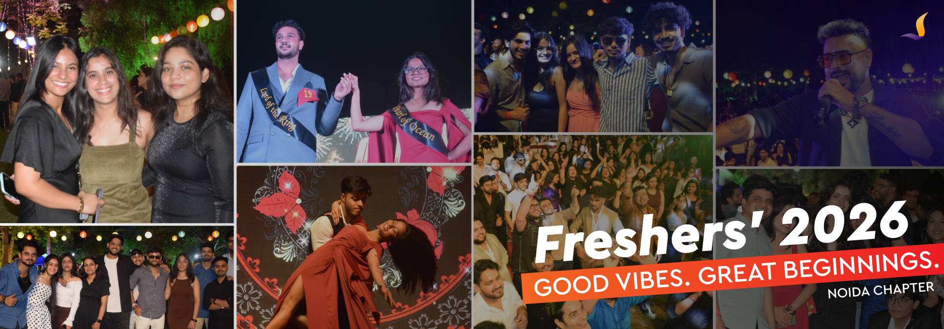 Collage of Noida Chapter Freshers' 2026 celebration with friends posing under colorful lights and a performer on stage at night beyond.