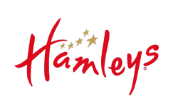 Hamleys logo in red cursive with gold stars above the name
