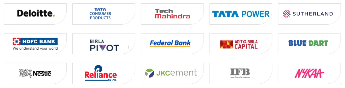 Grid of corporate logos on white cards: Deloitte, Tata Consumer Products, Tech Mahindra, Tata Power, Sutherland, HDFC Bank, Birla Pivot, Federal Bank, Aditya Birla Capital, Blue Dart, Nestlé, Reliance Retail, JK Cement, IFB, Nykaa.