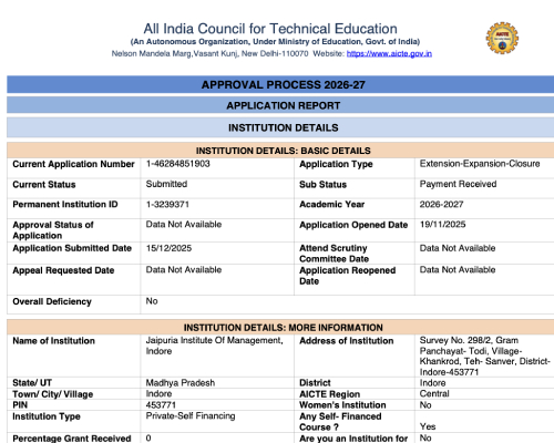 AICTE approval form page with Basic Details and More Information tables, listing application number, status, dates, and institution data.