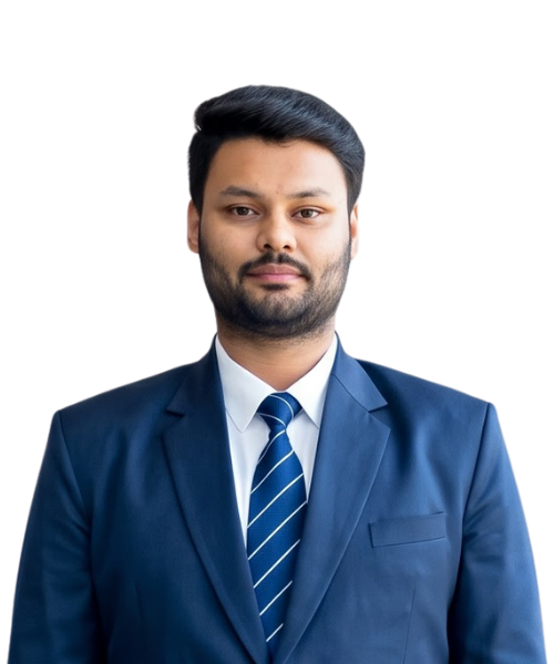 Professional head-and-shoulders portrait of a man in a navy suit and blue striped tie, looking at the camera for a business profile.