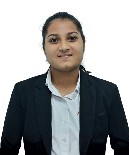 Professional portrait of a young woman in a black blazer and white shirt, facing the camera with a neutral expression.
