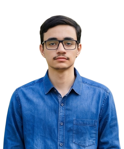 Portrait of a young man with short dark hair and glasses wearing a blue denim shirt, facing the camera with a neutral expression.