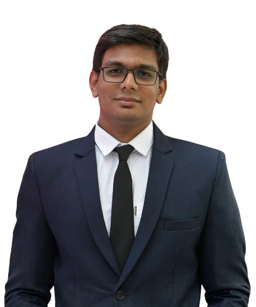 Young man in a navy suit and black tie, wearing glasses, posing for a formal photo.