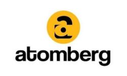 Atomberg logo: yellow circle with black abstract mark above the bold lowercase 'atomberg' text.