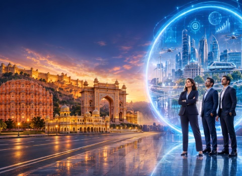 Business professionals in suits stand before a glowing holographic city ring, juxtaposed with historic architecture at sunset/sunrise.