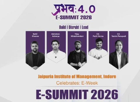 Promotional banner for E-SUMMIT 2026 at Jaipuri Institute of Management, Indore, with five speaker portraits and the slogan Build | Disrupt | Lead.